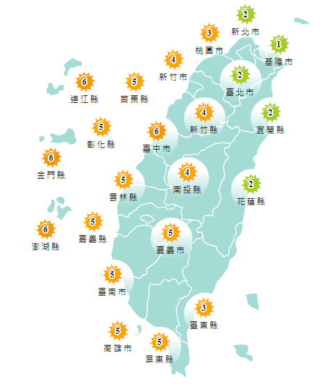 氣象署發布各地紫外線指數預報概況。   圖：氣象署提供