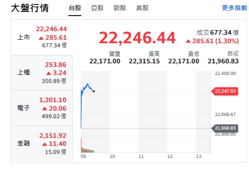 台股今天(20日)開紅，漲逾331點後收斂漲幅，最高來到22315點。上櫃(中小型股)、電子與金融類股全揚升。   圖: 擷取自yahoo台股走勢圖