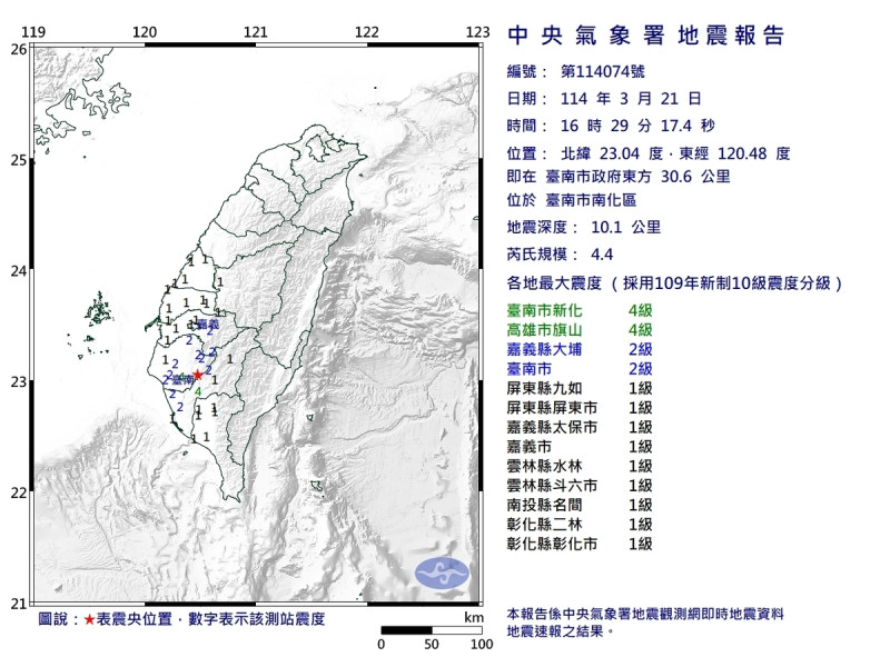 今(21)日下午16時29分許，南部地區發生芮氏規模4.4有感地震，震央位於台南市南化區。   圖：中央氣象署／提供