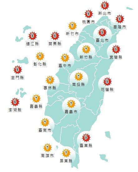 氣象署發布各地紫外線指數預報概況。   圖：氣象署提供 