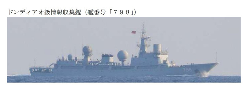 解放軍815A型電子偵察艦「玉衡星號（舷號798）」24日經沖宮水道返回東海。   圖：翻攝mod.go.jp