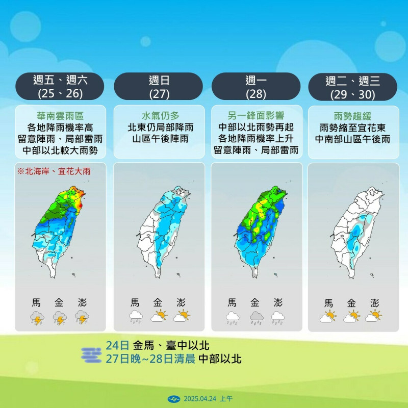 氣象署表示,週五週六降雨機率高,中部以北及北海岸、宜花需防大雨;週日水氣減少,北東及山區仍有雨。 圖:氣象署/提供
