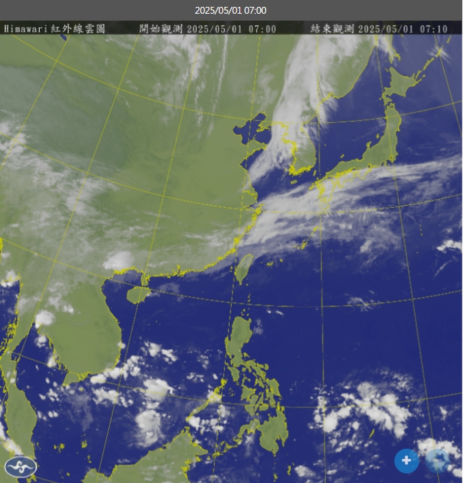 今天各地雲量增多，北部及東北部有零星短暫陣雨。   圖/中央氣象署