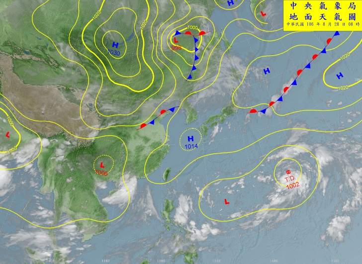位在關島北方海面的熱帶性低氣壓，未來一兩天內有可能發展成第15號輕颱「珊瑚」，不過由於副熱帶高壓勢力偏東，輕颱「珊瑚」未來將朝日本前進，對台灣較不會有直接影響。   圖：中央氣象局