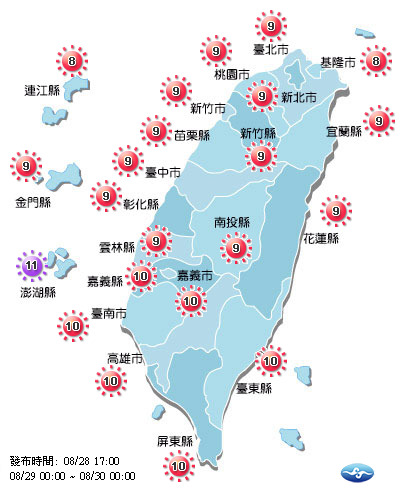 環保署紫外線預測台灣各地多為過量級，在太陽底下20分鐘就有可能曬傷，請民眾在戶外活動時做好防曬措施。   圖：環保署紫外線預測