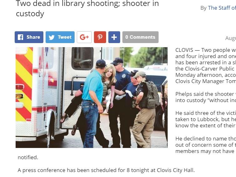 美國新墨西哥州小城克洛維斯市區內一座圖書館28日發生槍案，2人遭擊斃，4人送醫治療。   圖 : 取自東新墨西哥新聞網站easternnewmexiconews.com