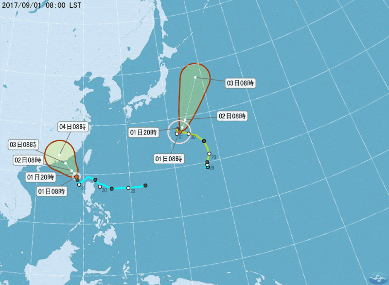 位於東沙島海面的熱帶性低氣壓今（1）天凌晨2時發展為今年第16號颱風「瑪娃」。   圖：翻攝自中央氣象局