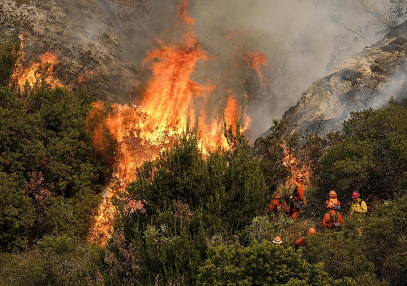 洛杉磯史上最大森林火災，至今僅控制10%火勢，當局表示風勢可能助長烈焰，讓大火朝難以預測方向快速延燒。   圖: 達志影像 /美聯社