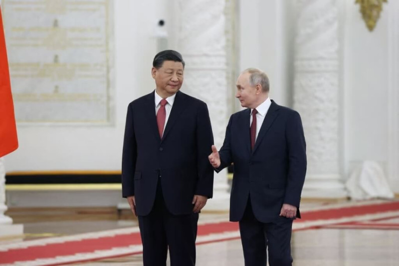 2023年3月俄羅斯總統蒲亭（右）與中國國家主席習近平（左）在克里姆林宮會談。（Sputnik/Sergei Karpukhin/Pool via 路透社）   
