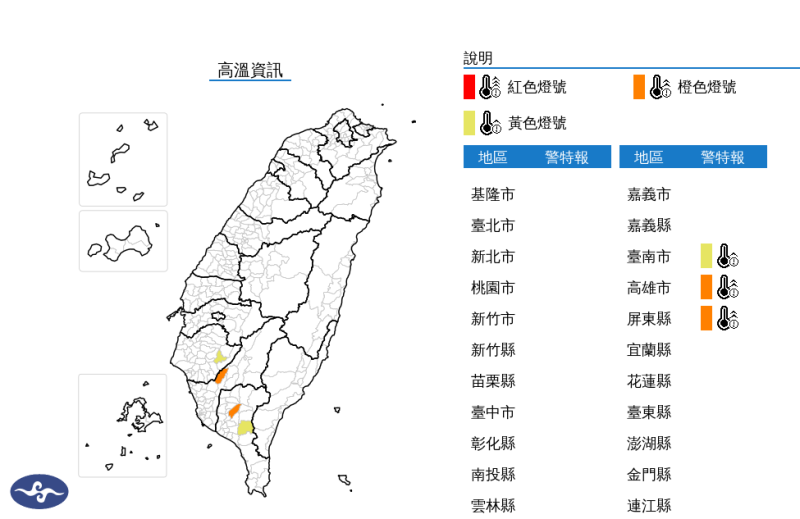 今(6)日上午天氣大多多雲到晴，中南部更是高溫炎熱，中央氣象署也針對高雄市發布成色燈號，有38度極端高溫出現的機率；屏東縣為橙色燈號，有連續出現36度高溫的機率。   圖：翻攝自中央氣象署官網