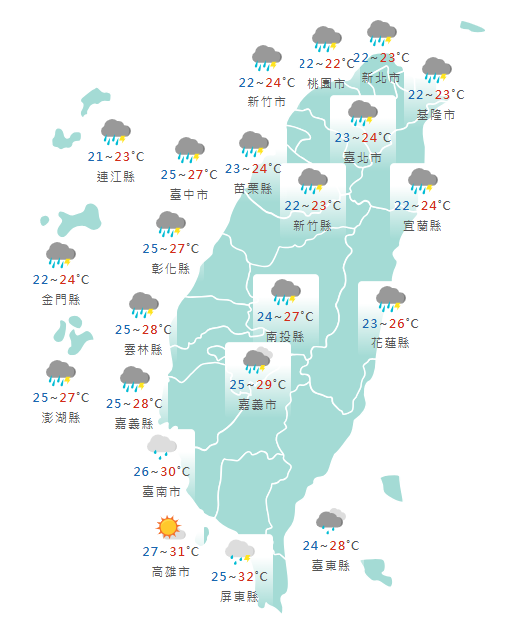 氣象署公布各地天氣預報概況。 圖:氣象署提供