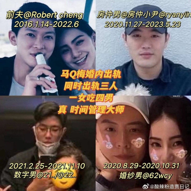微博網友整理出Mandy在2020年到2023年還已婚期間，和3名男子重疊約會的照片證據。（翻攝自微博）   