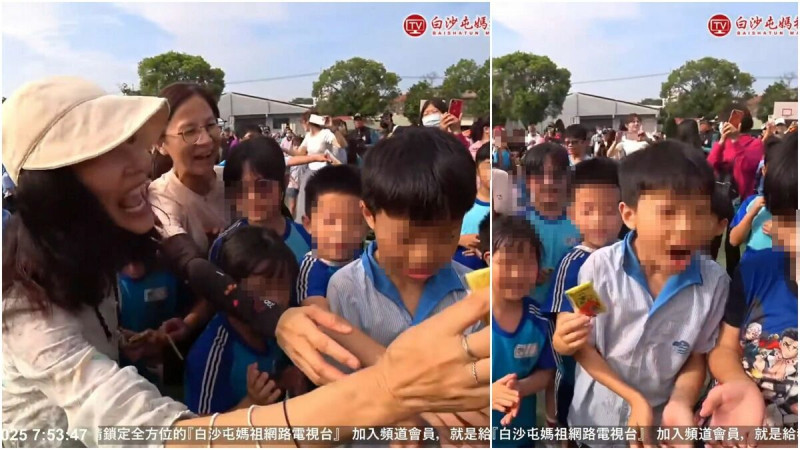 孩子正在領結緣品，結果被大人搶走，讓他當場傻眼。（翻攝白沙屯媽祖網路電視台直播）   
