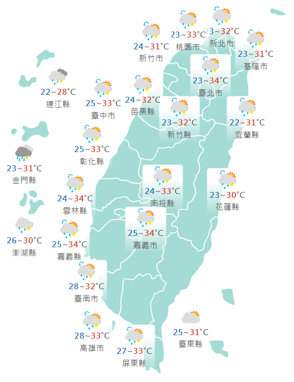 氣象署公布各地天氣預報概況。 圖:氣象署提供