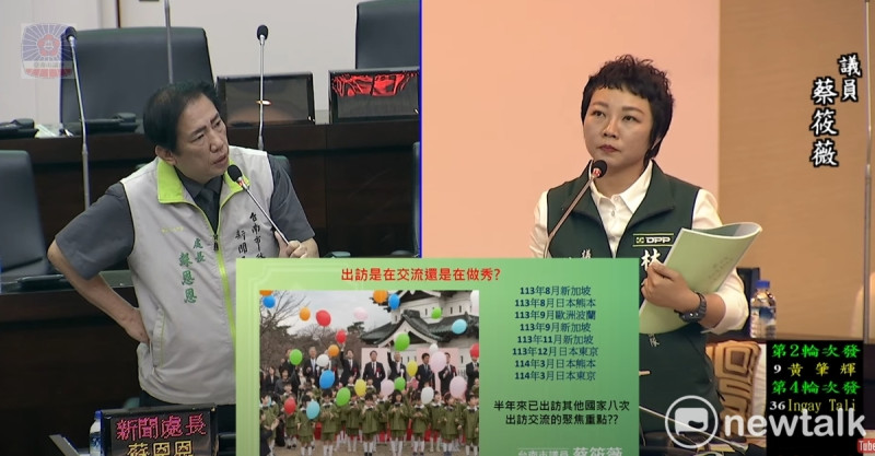 台南市議員蔡筱薇質詢時指出，肯定市府積極推廣農業品牌，但外交出訪不應僅止於農產行銷，應同步推動實質交通與經貿連結，呼籲市府爭取與友好城市互開國際航線，重啟台南機場國際功能。   圖：蔡筱薇服務處提供
