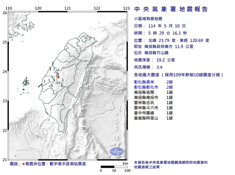 5時29分這起芮氏規模3.4地震,震央位於南投縣政府南方 11.9 公里處,深度19.2公里。 圖/中央氣象署