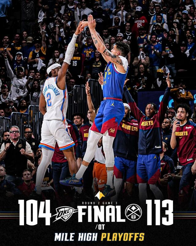 美國職籃NBA丹佛金塊以113比104擊敗雷霆，系列賽取得2比1領先。（圖取自x.com/nuggets）   
