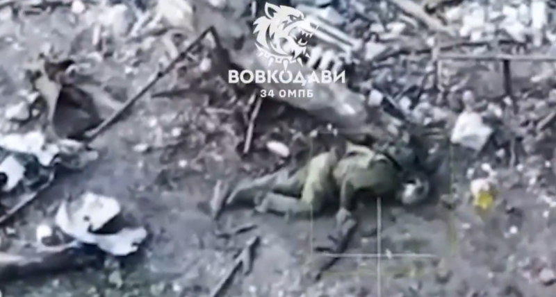烏克蘭第 34 獨立機動步兵營「沃夫科達維」在沃夫昌斯克的廢墟中堅守防線,順利擊退俄軍攻擊小組。圖為陣亡俄軍。 圖:翻攝自 NOELREPORTS X 帳號