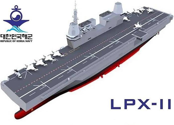 南韓海軍「多功能大型運輸艦-Ⅱ」計畫。原模型圖曝露將搭載F-35B做為輕航艦，但傳言將以無人機取代。   圖：翻攝南韓海軍（資料照片）