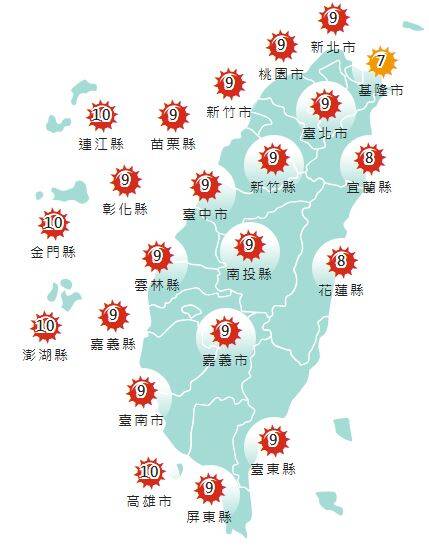 氣象署發布各地紫外線指數預報概況。 圖:氣象署提供