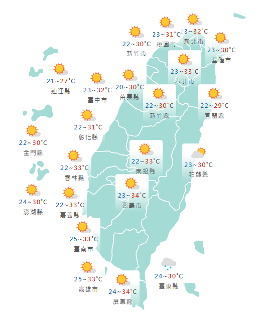 氣象署公布各地天氣預報概況。 圖:氣象署提供