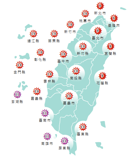 氣象署發布各地紫外線指數預報概況。 圖:氣象署提供