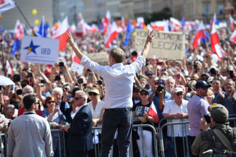 2023 年,由前歐洲理事會主席圖斯克(Donald Tusk, 背對鏡頭高舉雙手者)所領導的公民聯盟拿下波蘭國會大選成為多數。 圖:@donaldtusk