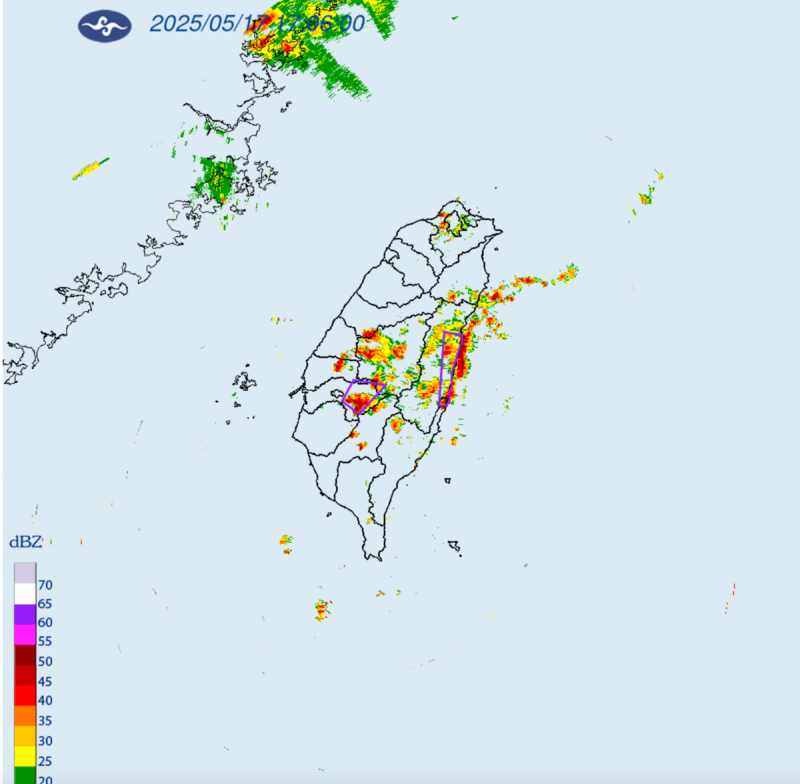 中央氣象署針對「南投縣、雲林縣、嘉義縣、花蓮縣、台東縣」發布大雷雨即時訊息，持續時間至18時15分止。   圖：翻攝自中央氣象署官網