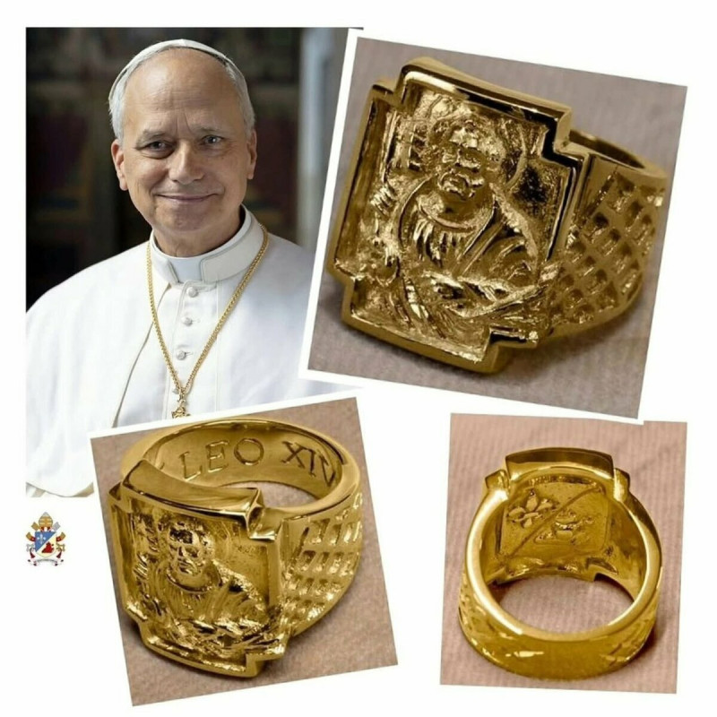 就職儀式中，聖物「羊毛披肩」（pallium）與「漁夫之戒」由樞機主教轉贈予良十四世。   圖：翻攝自 X