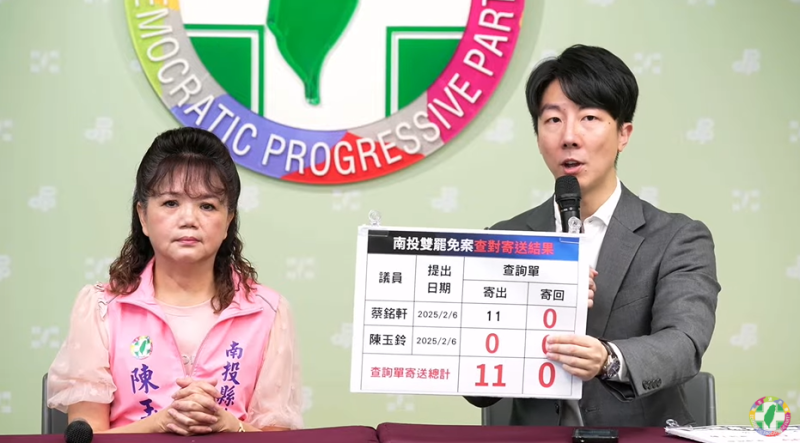 民進黨南投縣議員陳玉鈴（左）罷免案成立，呼籲投下不同意罷免票   圖：翻攝自民進黨YT