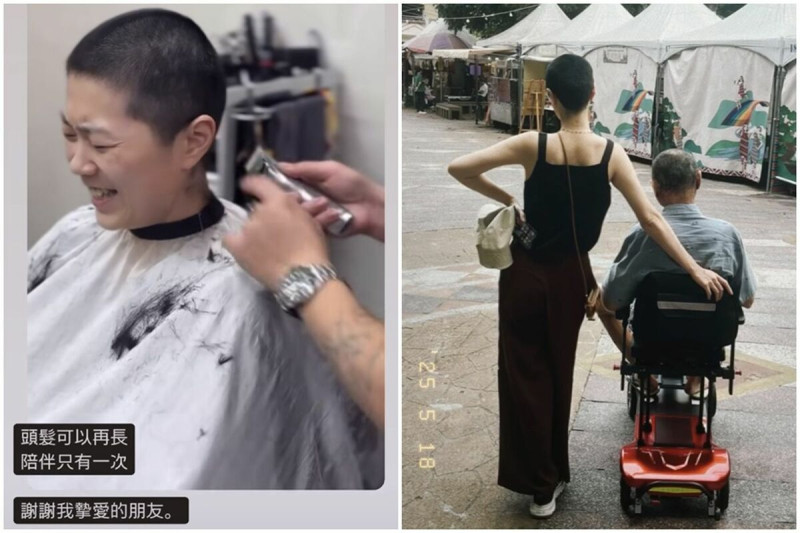 金曲歌后曹雅雯突剃平頭落淚畫面曝光，並Po出自己摟著坐在輪椅上爸爸的合影寫道：「Always be with you.」。（翻攝自曹雅雯臉書）   