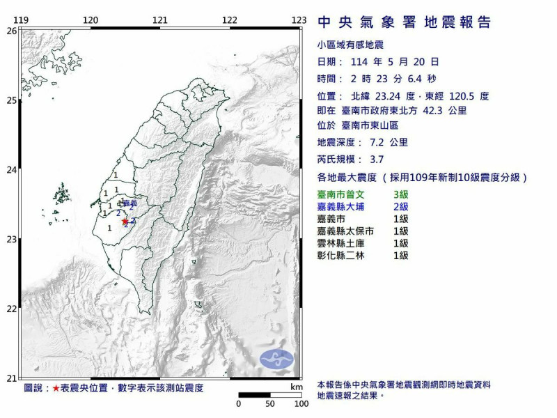 台南市東山區今晨2點23分發生芮氏規模3.7有感地震。 圖:氣象署提供
