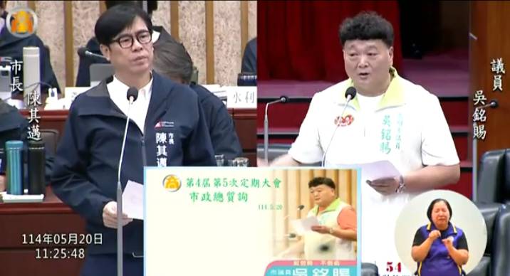 吳銘賜(右)在市政總質詢最後一天爆料，國際商工拆除工程「水很深」，盼市府加強審視。   圖：孫家銘翻攝