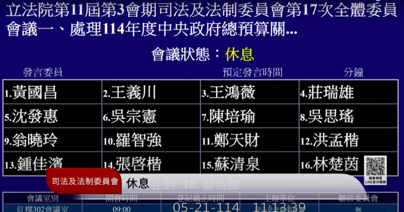 國安會秘書長吳釗燮缺席司委會預算解凍審查，藍白怒嗆「不來就不開會」杯葛。   圖：翻攝自國會頻道