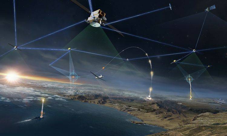 美國「繁榮戰士」太空架構（PWSA），以太空追蹤、監測系統搭配高超音速飛彈防禦系統。   圖：Northrop Grumman示意圖