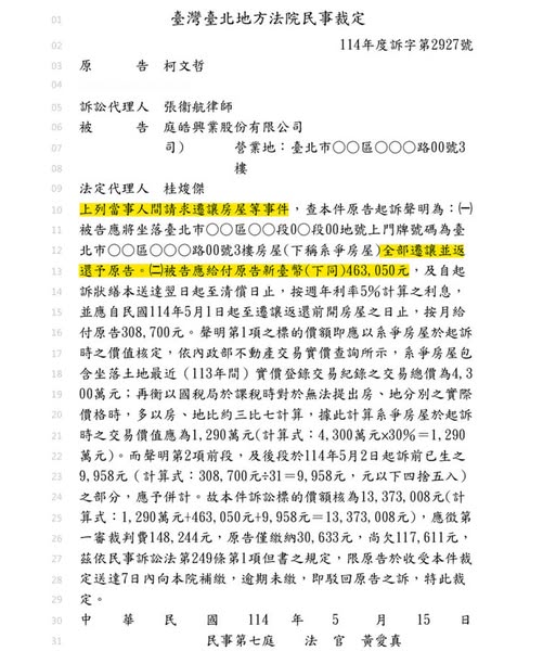 網紅「四叉貓」劉宇檢附台北地院民事裁定公文，為誤會民眾黨沒有履行前主席承諾搬入新購大樓一事道歉。   圖：翻攝「臉書」劉宇