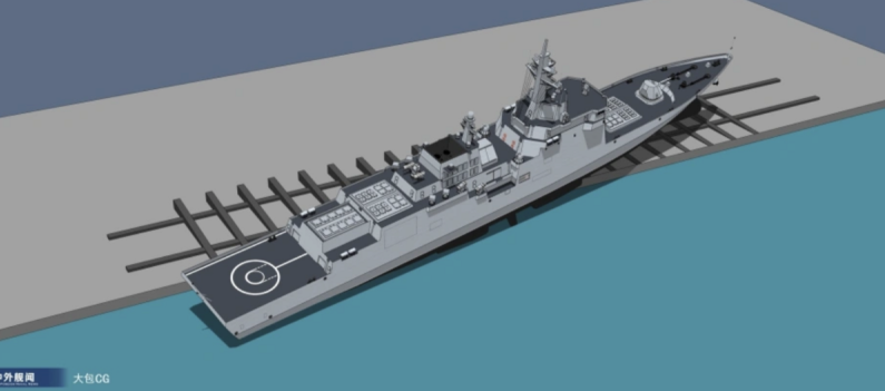 北韓清津造船廠 21 日舉辦海軍最新 5 千噸級驅逐艦下水典禮,但驅逐艦發生側翻。(效果圖) 圖:翻攝自河東三叔
