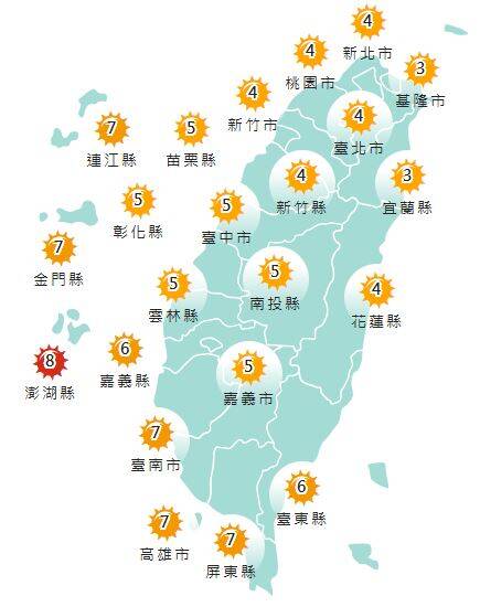 氣象署發布各地紫外線指數預報概況。 圖:氣象署提供