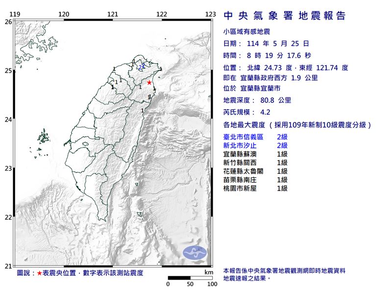 宜蘭縣宜蘭市今（25）天清晨8點19分發生芮氏規模4.2有感地震。   圖：氣象署提供