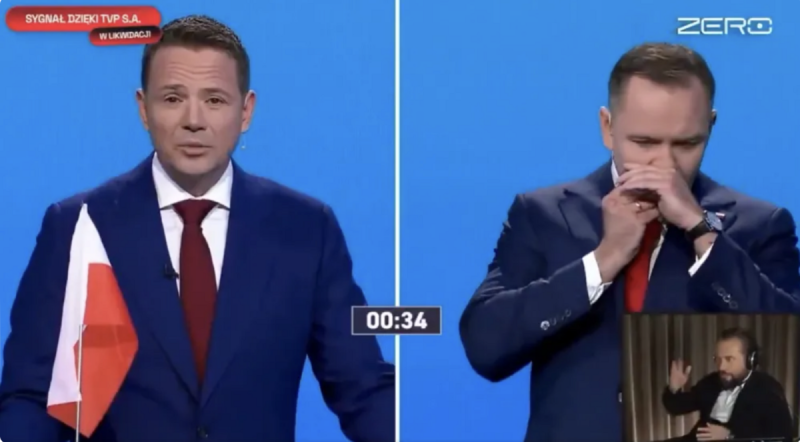 波蘭總統候選人納夫羅茨基（Krzysztof Nawrocki）在近日的電視辯論中，被懷疑使用在波蘭禁用的「鼻煙」，引起輿論關注。   圖：翻攝自 觀察者網
