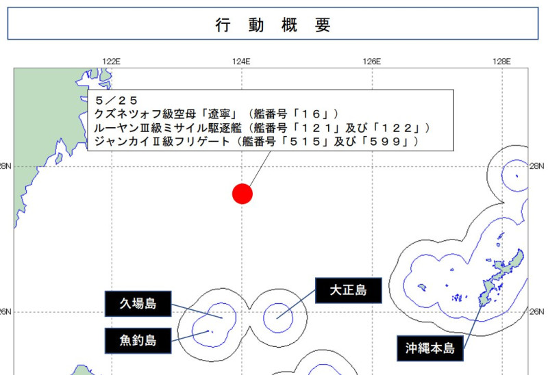 日本防衛省25日公開解放軍遼寧艦於東海久場島以北約200公里海域進行艦載機演練。   圖：翻攝mod.go.jp