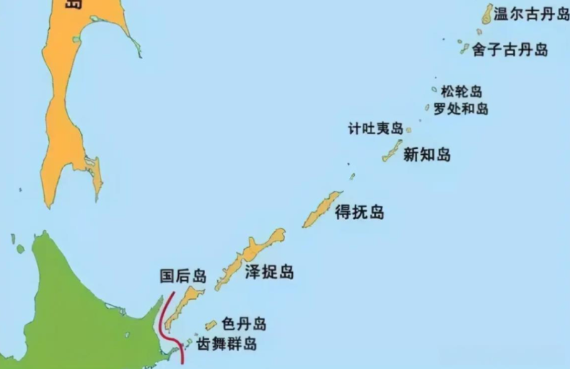 南千島群島目前由俄羅斯實際控制，俄方稱其為伊圖魯普島、庫納希爾島、希科坦島與哈博邁群島，日本則稱之為擇捉島、國後島、色丹島與齒舞群島，合稱「北方四島」。   圖:翻攝百度