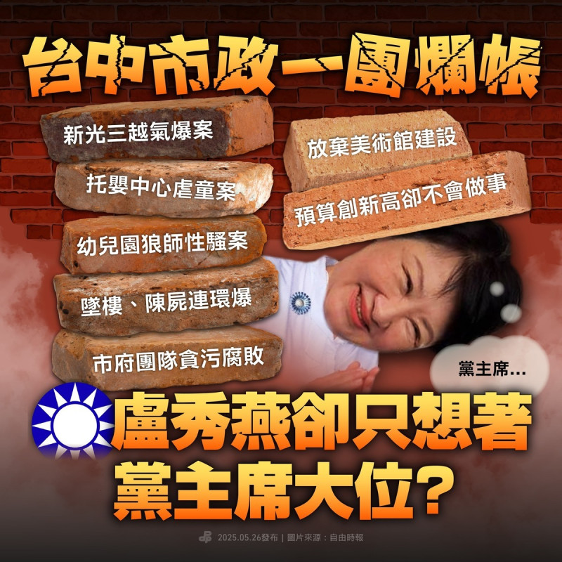 民進黨批評，台中市政一團爛帳，盧秀燕卻只想著黨主席大位？   圖：民進黨提供