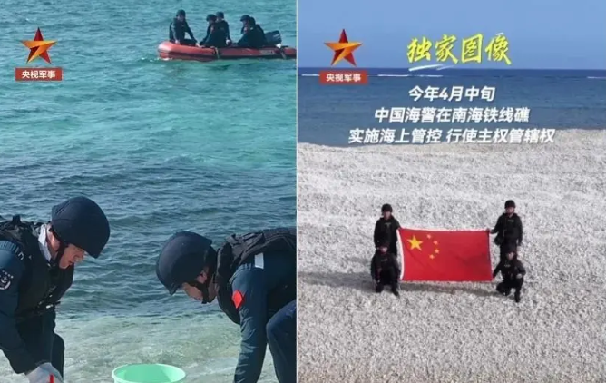 4月27日中國海警登上鐵線礁。 圖:翻攝自軍武次位面
