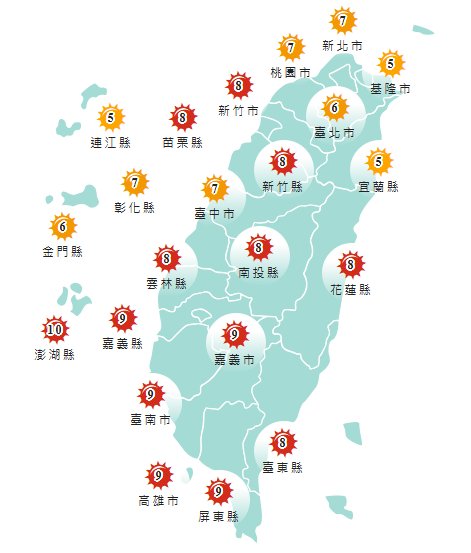 氣象署發布各地紫外線指數預報概況。 圖:氣象署提供