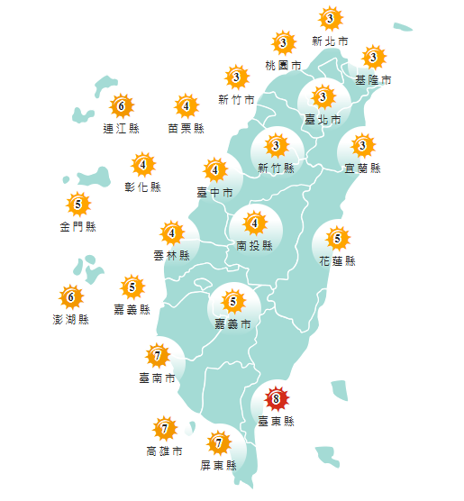 氣象署發布各地紫外線指數預報概況。 圖:氣象署提供
