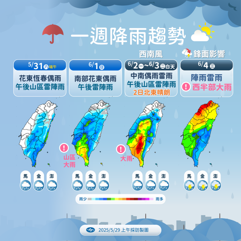 氣象署預測連假天氣轉濕,31日至6月4日中南部午後雷雨頻繁,4日西半部恐有大雨。 圖:氣象署/提供