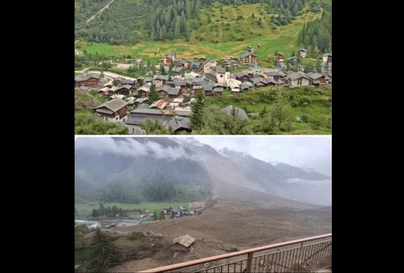 瑞士阿爾卑斯山南部的布拉滕村於當地時間週三（28日）被冰川斷裂引發的土石流吞噬，造成 1位村民失蹤。（圖上為布拉滕村，圖下為被土石流吞噬的布拉滕村）   圖：翻攝自 @ishka2023 X 帳號
