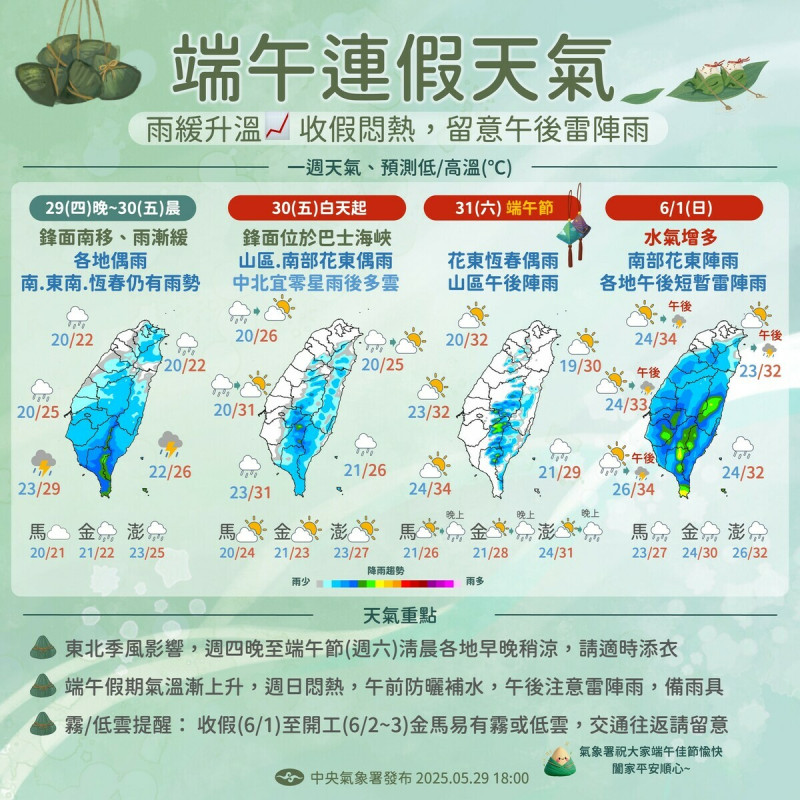 中央氣象署提醒今天雨勢漸緩，早晚較涼。   圖/中央氣象署