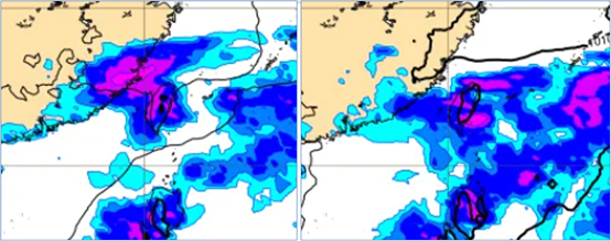 最新(30日20時)歐洲模式(ECMWF)下週二(3日)20時模擬圖顯示，大氣不穩定，午後對流擴展至大部分地區(左圖)。下週三(4日)20時模擬圖則顯示，鋒面通過，有大範圍明顯降雨(右圖)。   圖/洩天機教室